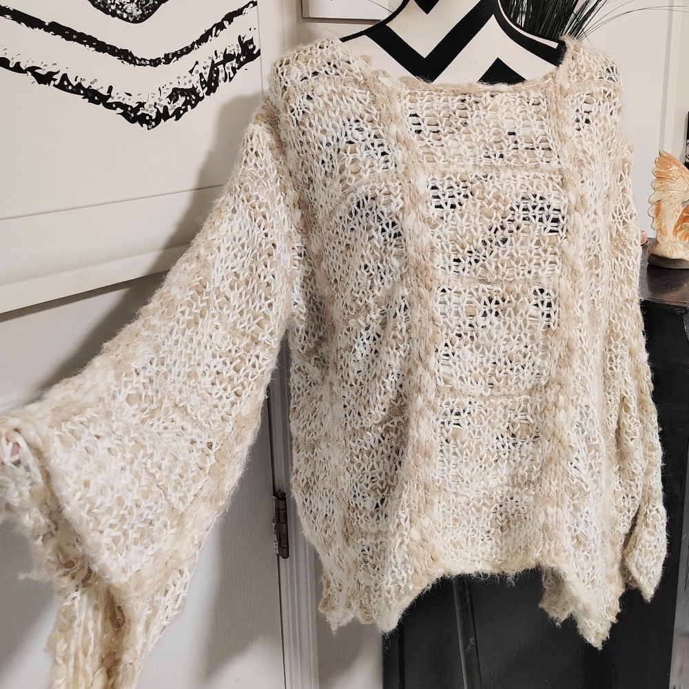 POL Crochet Open Weave Sweater White/Tan Women's Medium Cabincore Cozy Bohemian - Picture 7 of 7